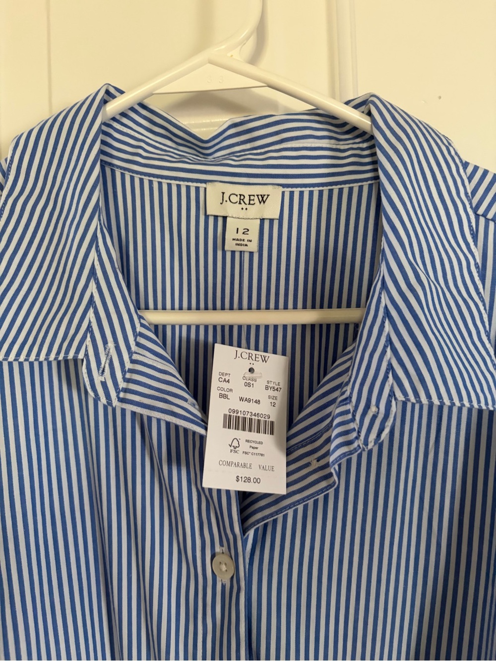 J. Crew Blue and White Vertical Stripe Shirt Dress size 12 NWT